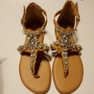 Torrid tan, gem and faux pearl sandals w zip back